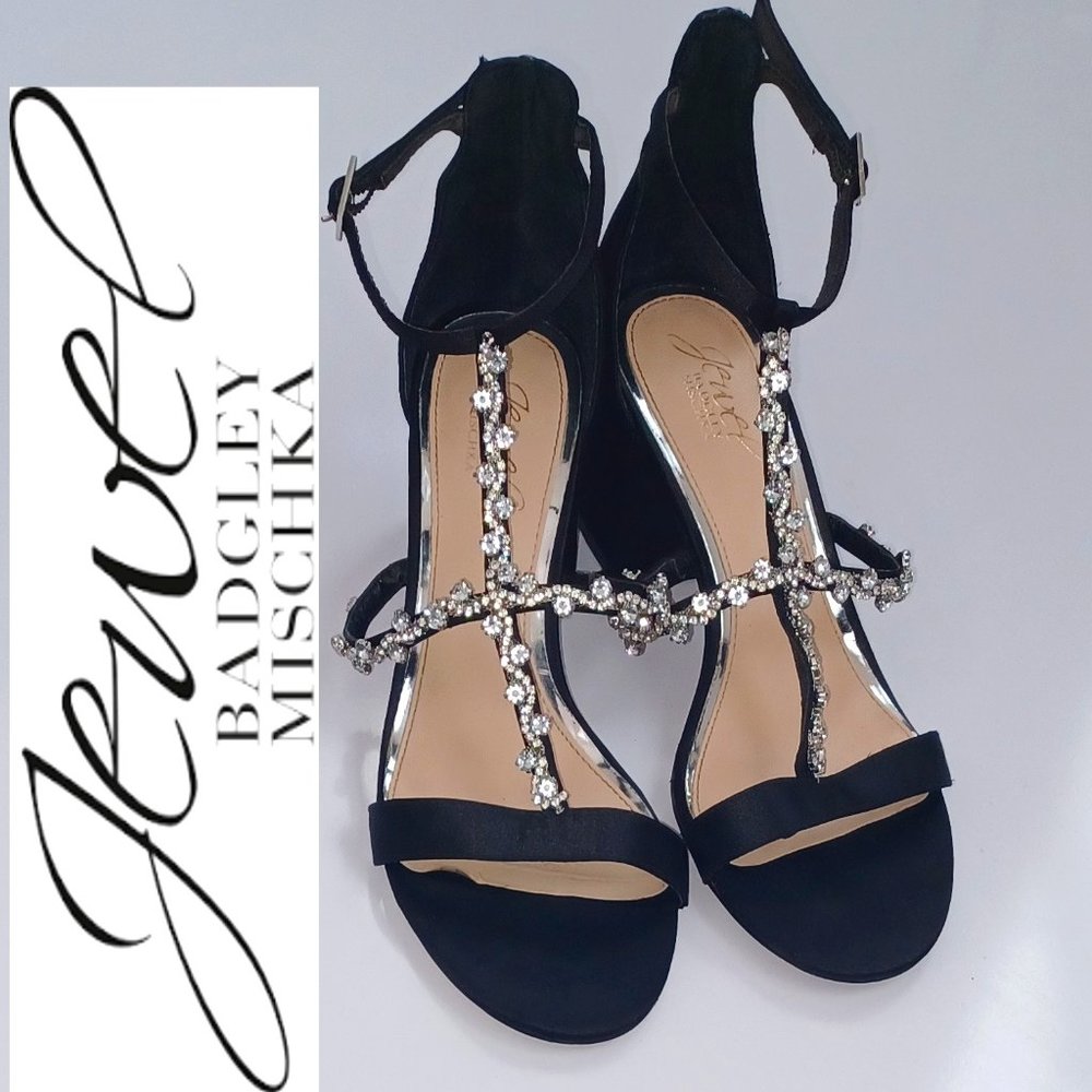 Badgley Mischka Jewel Black Satin Embellished Sandals Heels - Picture 1 of 9
